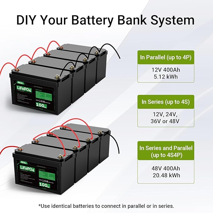 HQST LiFePO4 Battery 100ah Lithium Battery, 12V Lithium Iron Phosphate Battery Deep Cycle Marine Battery, 10 Year Lifetime with Low & High Temp Protection for RV, Trolling Motor, Boat-4 Pack