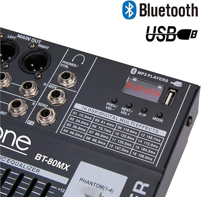 Boytone Dj Mixers 8 Channel Audio Mixer Sound Board with Bluetooth, USB MP3 Port Player with 48V Phantom Power Sounds Mixer with 16 Bit FX Effect, BT-80MX