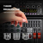 BOMGE 06A Professional 6 Channel DJ Audio Mixer, DJ Controller Sound Mixer with 99 DSP Effects,7-band EQ Independent 48V Bluetooth USB Interface Recording for Studio Stage Party Home Recording