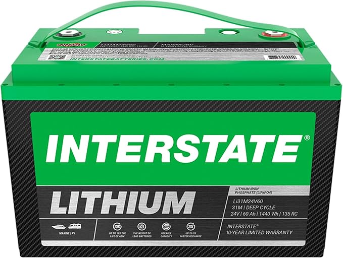 Interstate Batteries 24V 60Ah Group Size 31M Lithium Marine/RV Deep Cycle LiFePO4 Battery, Maintenance Free, Lightweight, Ideal For Boats, Trolling Motors, RV Camping, Off-Grid, Yachts (Li31M24V60)