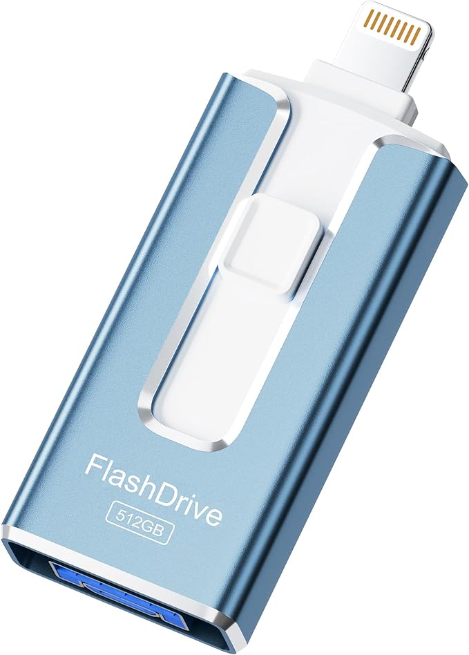 MFi Certified 512GB Flash Drive for iPhone iPad, Photo Stick for External Memory Storage, Easily Back Up and Save Files, USB Memory Stick Thumb Drive for iPhone/iPad/Android/PC (Blue, 512GB)