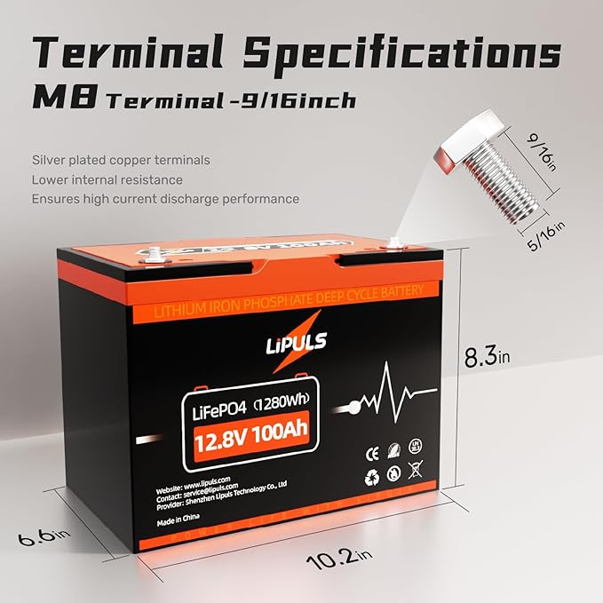 12.8V 100Ah LiFePO4 Battery, Group 24 Size • Built-in 100A BMS, Max.1280Wh Lithium Iron Phosphate Battery, 10-Year Lifespan Lithium Battery, Perfect for Trolling Motor, RV, Solar Home, Off-Grid