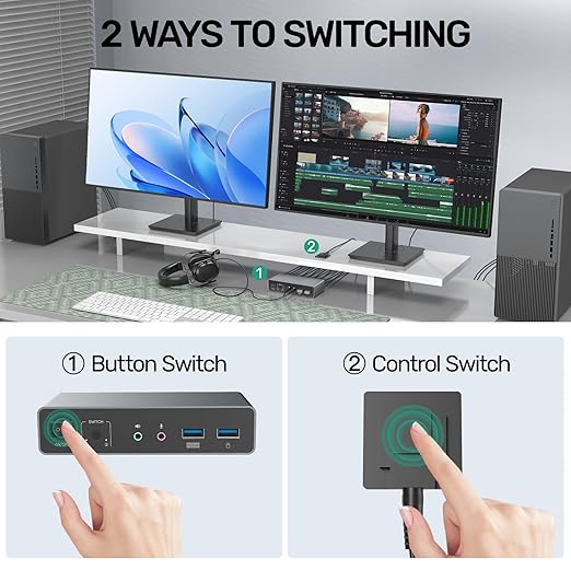 HDMI Displayport KVM Switch, 2 Computers 2 Monitors 4K@60Hz KVM Switcher Dual Monitor for 2 PC, 3 USB 3.0 Ports Support Extended/Mirror Mode with Desktop Controller&2 USB Cables&Power Adapter