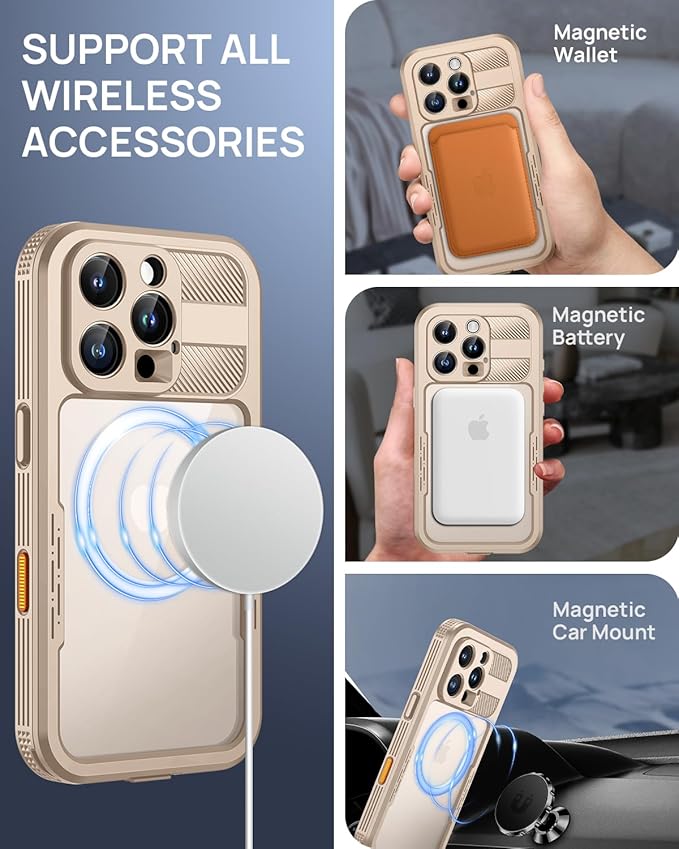 Lanhiem Magnetic for iPhone 16 Pro Max Case, IP68 Waterproof Dustproof Case, [Compatible with Magsafe] [Built-in Screen Protector] Full Body Heavy Duty Rugged Phone Cover 6.9 inch, Desert