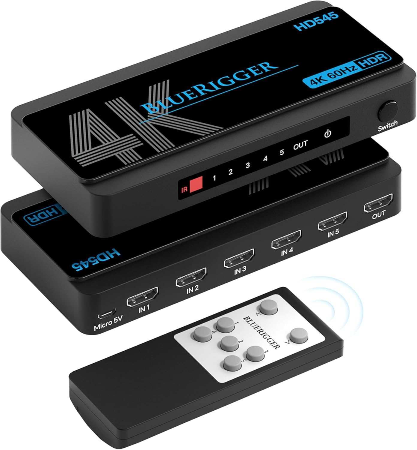 BlueRigger 4K HDMI Switch 5 in 1 Out (4K 60Hz, 5 Port Video Switcher, HDMI Hub, HDR10+, 18Gbps, Selector Box with IR Remote) – Compatible with HDTV, PS5, Xbox, Apple TV, Projector, Blu-Ray