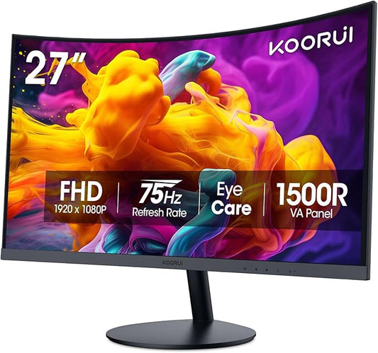 KOORUI 27 Inch Curved Monitor FHD 1080P 75Hz Computer Monitors PC Screen with HDMI VGA,Tilt Adjustable,1500R, Eye Care, Black, 27N5CA