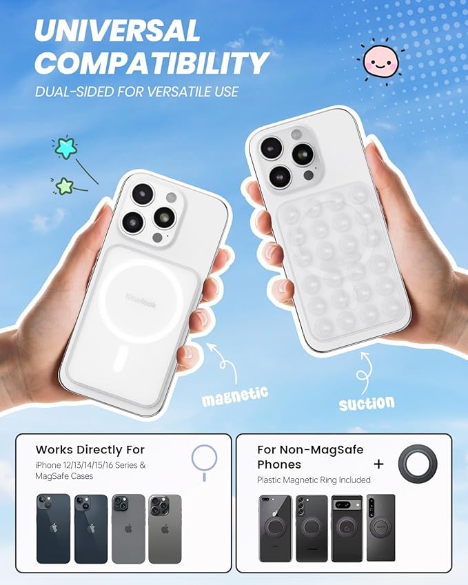 Klearlook Magnetic Suction Phone Mount for MagSafe Case, Removable Sticky Phone Grip Holder for Hands-Free Makeup/Selfie/Live Streaming/Vlog for TikTok & Instagram Influencer/Creator, Transparent
