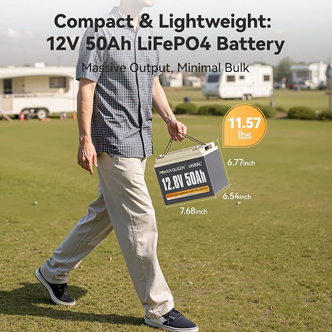 Power Queen 12V 50Ah LiFePO4 Lithium Battery, Portable Deep Cycle Lithiumn Battery with 640Wh Energy, 50A BMS,15000+ Cycles for 12V Trolling Motor, Kayak Marine, RV Camping