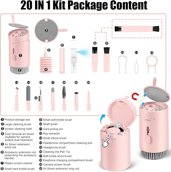 walrfid Laptop Phone Screen Cleaner Kit, Computer Keyboard Brush Cleaning Spray for iPhone AirPods MacBook iPad, 20-in-1 Electronic Device Clean Tool for Camera Earbud Car Screens (Pink)