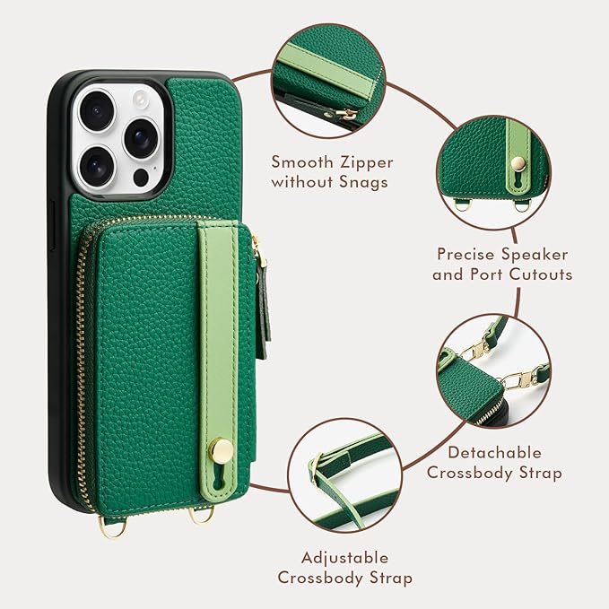 LAMEEKU for iPhone 15 Pro Max Wallet Case, Zipper Leather Card Slots Crossbody Case with Phone Grip Holder Stand Wrist Strap Lanyard for Women for iPhone 15 Pro Max 6.7 inch Dark Green