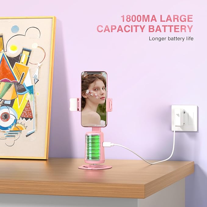 Auto Face Tracking Tripod 360° Rotating Cell Phone Photo and Video Kits Stand, No App, Phone Camera Stand with Remote and Gesture Control for Live Recording Tiktok Pink1