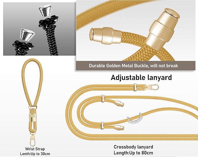 Cell Phone Lanyard Adjustable Crossbody Phone Lanyard *1 Phone Wrist Strap *1 with Deluxe Gold Matal Buckle + Clear Tether Tabs *2 for Shopping Travelling Hiking(Yellow)
