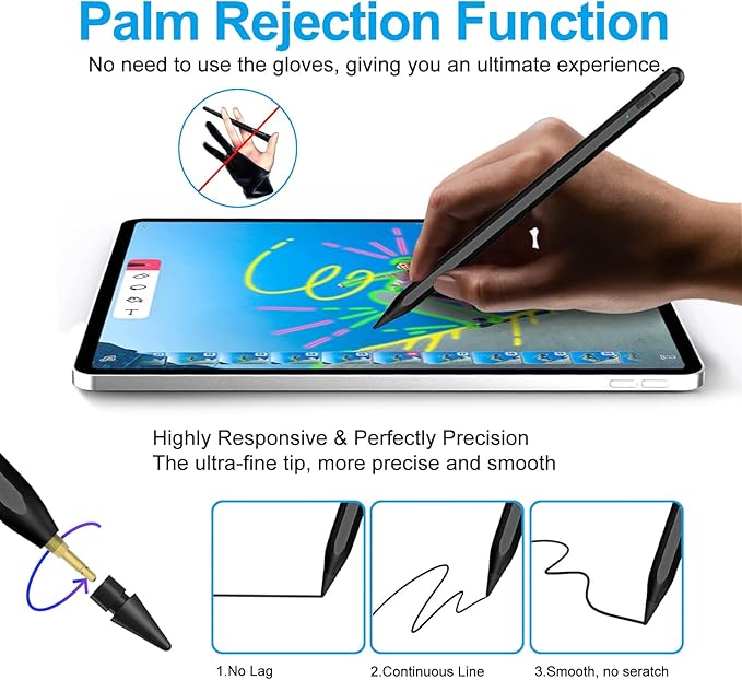Stylus Pen for iPad 2018-2025 with Palm Rejection, Apple Pencil for Pad11th/10th/9th/8th/7th/6th Gen, iPad Pro 11/12.9 inch, New iPad Air 2025 11&13-inch(M3/2) /5th/4th/3th Gen, iPad mini 6th/5th