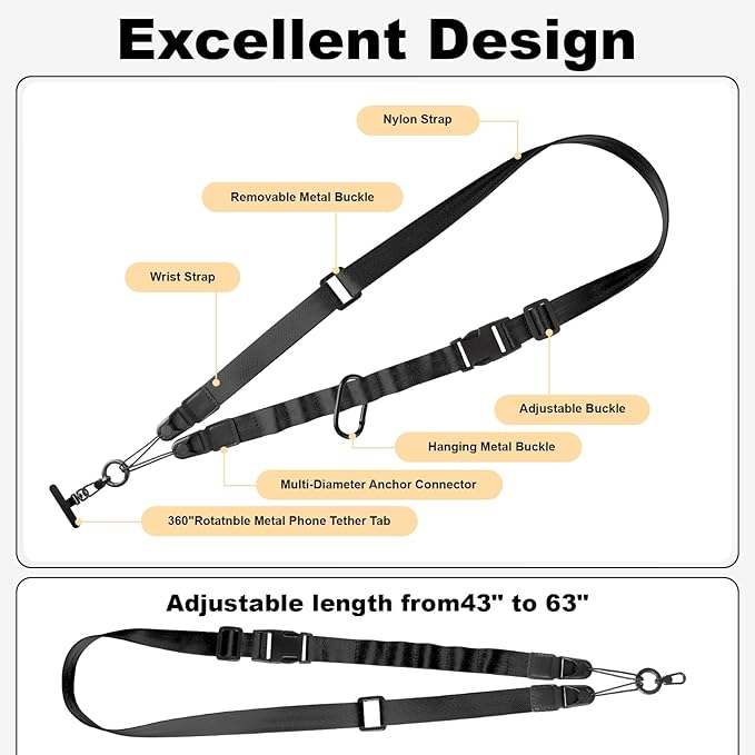 Adjustable Crossbody Phone Lanyard, Universal Phone Wrist Strap and Phone Neck Strap with Tether Tab, Phone Lanyard with Quick Release, Suitable for iPhone and Most Smartphones, Black