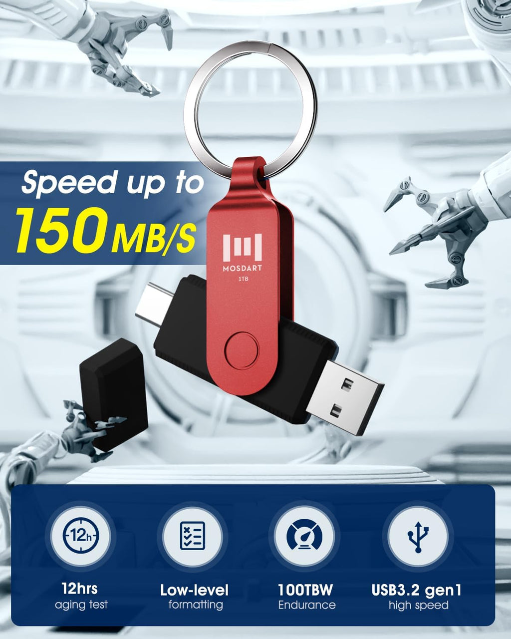 MOSDART 1TB USB3.1 Fast Speed C and A Dual Flash Drive, exFAT Memory Stick with Keychain and LED Indicator, for iPhone 15 and 16, Android Phone, iPad, MacBook, and Other Laptops, Red