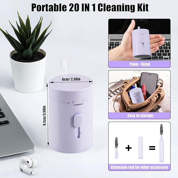 Laptop Phone Screen Cleaner Kit, Computer Keyboard Brush Cleaning Spray for iPhone AirPods Macbook iPad, 20-in-1 Electronic Device Clean Tool For Camera PC Monitor Earbud TV Tablet Car Screens- Purple