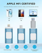 Apple MFi Certified 128GB Flash Drive for iPhone Thumb Drive Photo Stick, USB Memory Stick iPhone Flash Drive for Photos Videos, High Speed Jump Drive Compatible for iPhone/iPad/Android/PC (Blue)