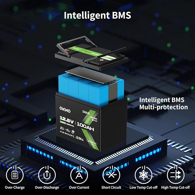 12V 100Ah LiFePO4 Battery with Bluetooth, BCI Group 24, Built-in 100A BMS, 1280Wh Rechargeable Deep Cycle Lithium Battery, 15000+ Cycles for RV, Marine, Solar, Trolling Motor, Home, Off-Grid