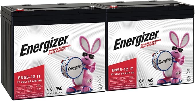 Energizer EN55-12IT - 2 Pack - 12 Volt 55 Amp Hr, Long Lasting Sealed Lead Acid AGM Rechargeable Battery Ideal for Use in Electric Scooters, Wheelchairs, Emergency Lighting, Backup Power, and More