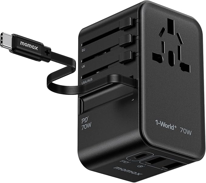 MOMAX Universal Travel Adapter, International Power Plug Adapter with 1 USB C (PD 70W), 2 USB A Ports, 1USB-C Cable (PD 70W), All-in-One Worldwide Wall Charger for USA European UK AUS (Type C/G/A/I)