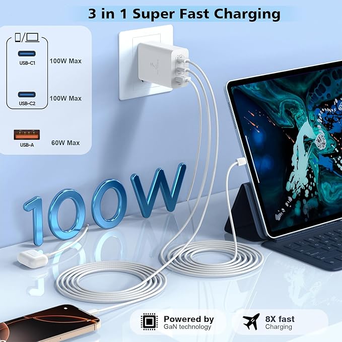 100W USB C Charger, 2Pack 140W USB C to C Woven Cable 6FT Braided Cord 100W Type C MacBook Pro Charger Block 6Foot Super Fast Phone Charging 3 Port PD & AC Charge for MacBook Pro/iPhone 16/15/iPad Pro