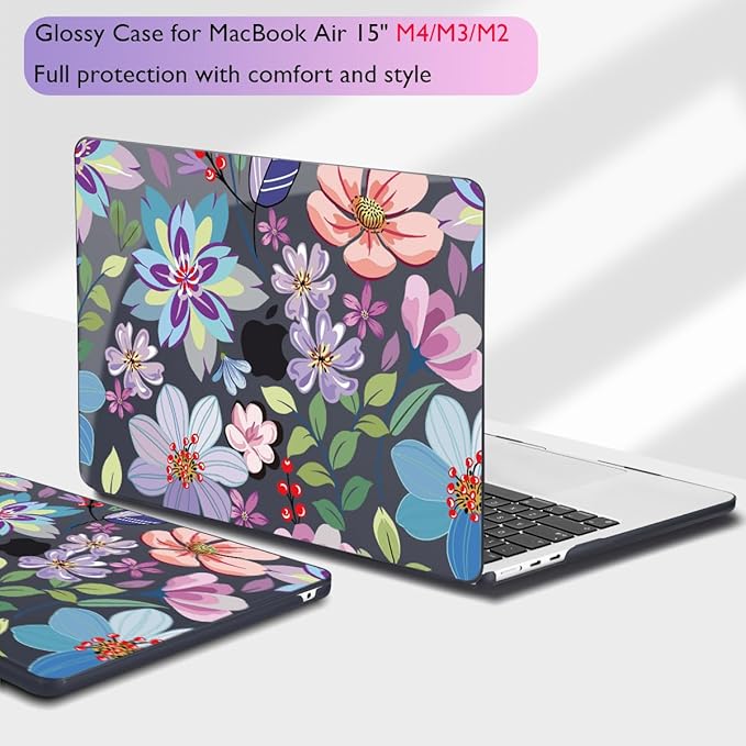 Teryeefi for MacBook Air Case 15 inch M4 M3 M2 Chip (2025 2024 2023 Release) A3241 A3114 A2941 Model with Keyboard Cover + Type C Adapter for MacBook Air 15, Pretty Flowers Black-104