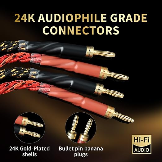 12 AWG Audiophile HiFi Speaker Audio Cable–4N OFC Core,24K Gold-Plated Banana Plugs with Nylon Braid,Compatible with Amplifier,Speakers,AV Receiver & Home Theater(6.56ft/2m) 2-Pack