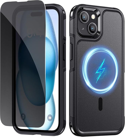 Lanhiem Magnetic for iPhone 15 Case with Privacy Screen Protector, 10 FT Military Grade Shockproof Heavy Duty Case Protective Phone Cover Compatible with MagSafe for iPhone 15 (Black)