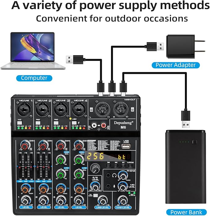 Depusheng M6 Portable Mini Mixer 6-Channel Audio Mixer DJ Console with Sound Card, Bluetooth Function, USB, 48V Phantom Power for PC Recording Webcast Party with 256 DSP