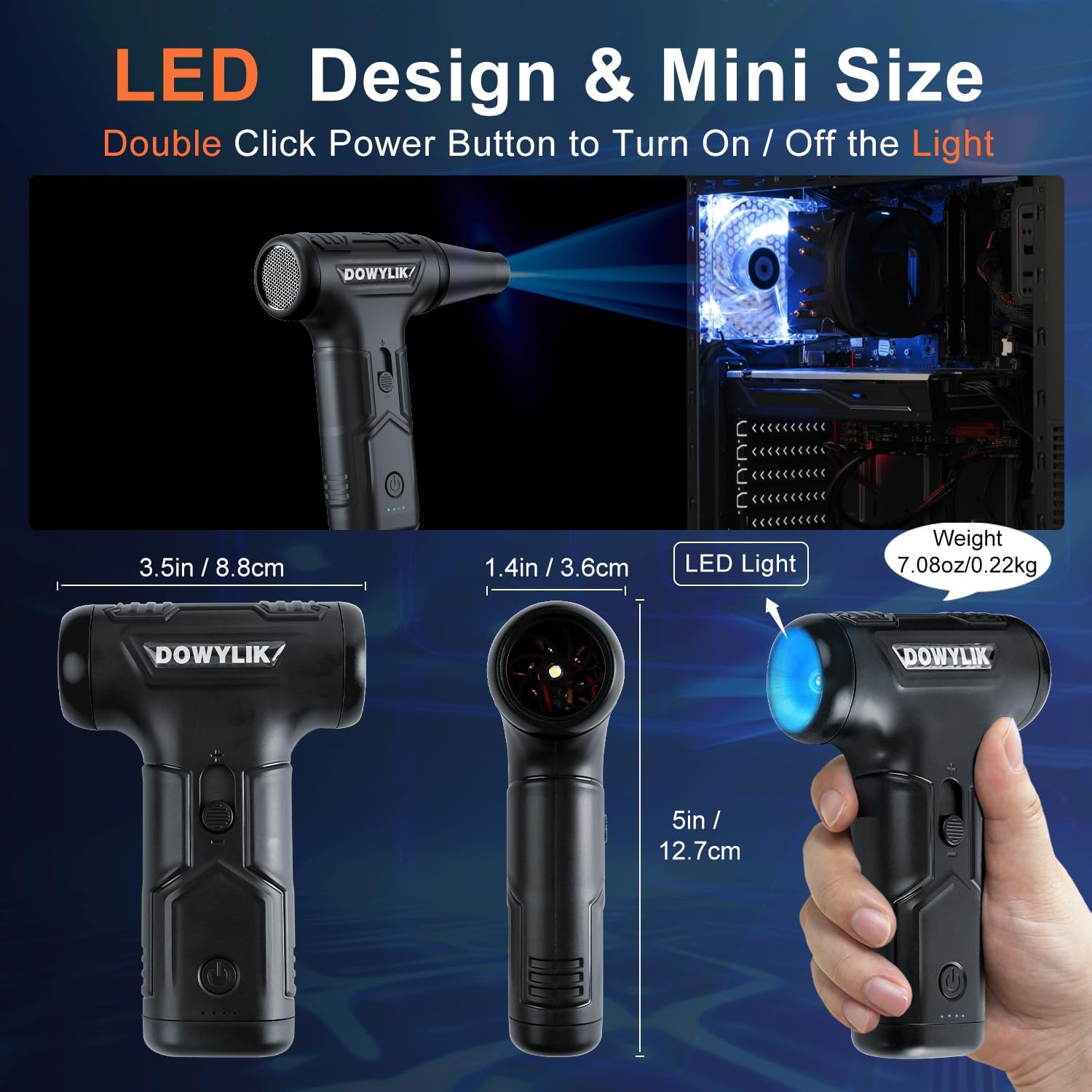 Compressed Air Duster, 220,000RPM Strong Compressed Air, Brushless Canned Air Duster for Computer with LED, 3 Speed Speed Mini Blower Air Blower for Car, Computer, Keyboard