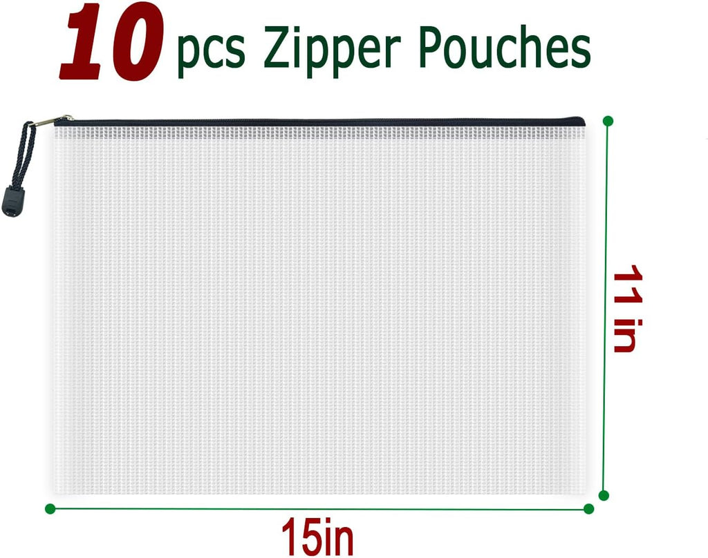 AUSTARK 10 Pcs Zipper File Bags, Waterproof Plastic Mesh Pouch for Office School, Board Game Storage Bags (B4 Size 15''x11'', White and Black)