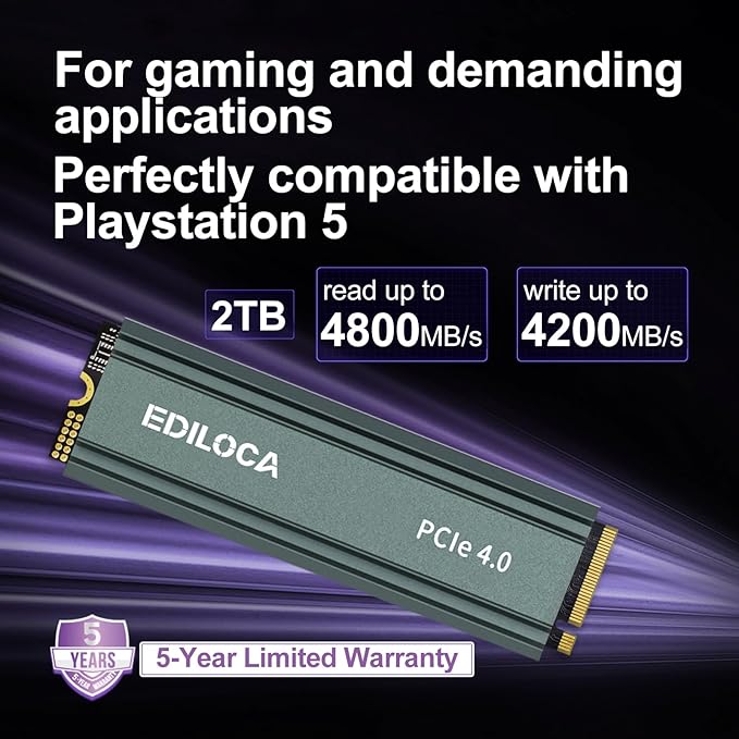 2TB M2 NVME SSD with Heatsink - PCIe Gen4.0 NVMe M.2 2280 3D NAND TLC, 4800MB/s Read, Internal Solid State Drive for PS5/PC, Dynamic SLC Cache, PS5 Storage Expansion, 5-Year Warranty(EN760)