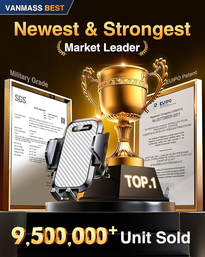 VANMASS Car Phone Holder Mount 2025 Upgraded [Patent Steel-Hook] Car Vent Phone Mount Clip Military-Grade Shockproof Cell Phone Car Mount Handsfree Truck Stand Vent Cradle for iPhone Android,Silvery