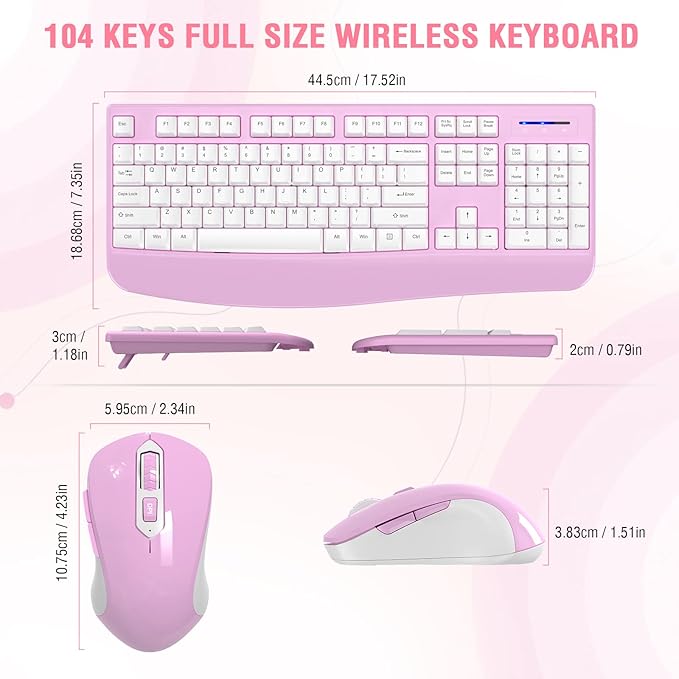 Wireless Keyboard and Mouse Combo, EDJO 2.4G Full-Sized Ergonomic Computer Keyboard with Wrist Rest and 3 Level DPI Adjustable Wireless Mouse for Windows, Mac OS Desktop/Laptop/PC(White Pink)