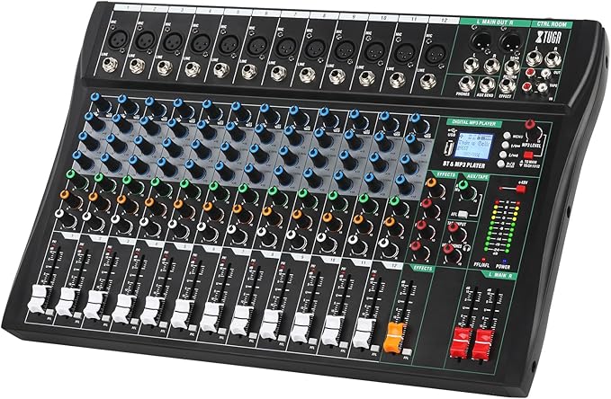 XTUGA 12 Channel Audio Mixer Sound Board Mixing Console, Audio Interface PC USB Bluetooth with 48V Phantom Digital Effect for DJ Live Recording Studio Karaoke(CT120)