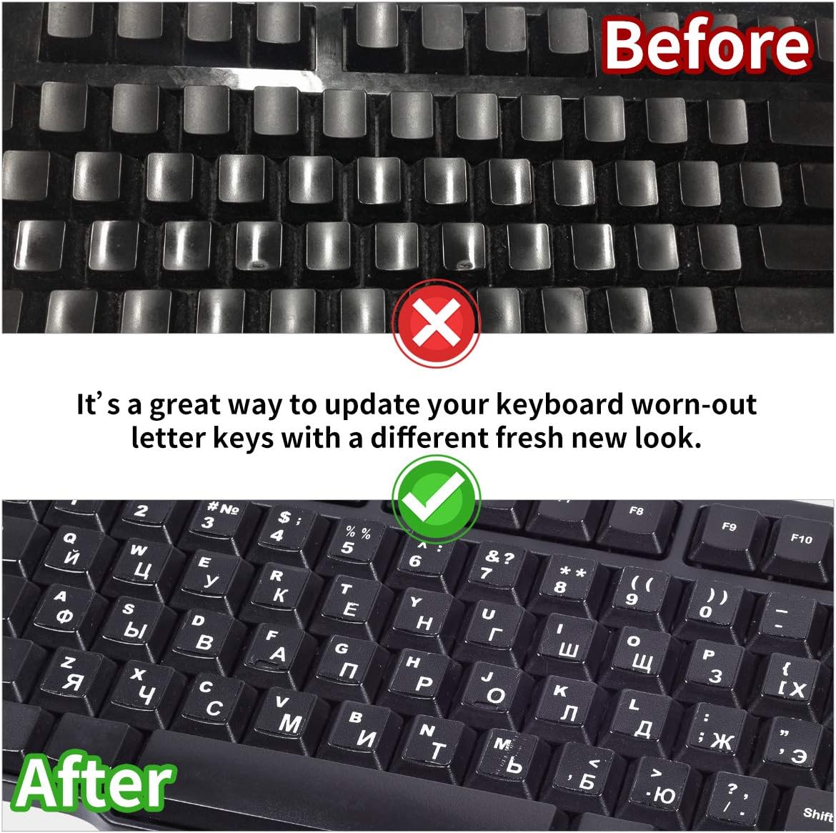 2PCS Russian Keyboard Stickers, Russian-Englsih Keyboard Letters Replacement Stickers White Font Black Background for PC Computer Laptop Notebook Desktop, Cyrillic Keyboard Alphabet Stickers
