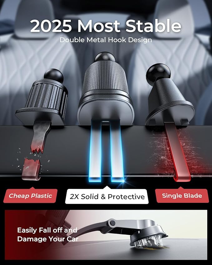 MRGLAS 2025 Upgraded Phone Holders for Your Car with New Metal Hook Clip, Handy Air Vent Cell Phone Car Mount [One Hand Operation], Universal Automobile Cradle for iPhone Android and All Smartphones