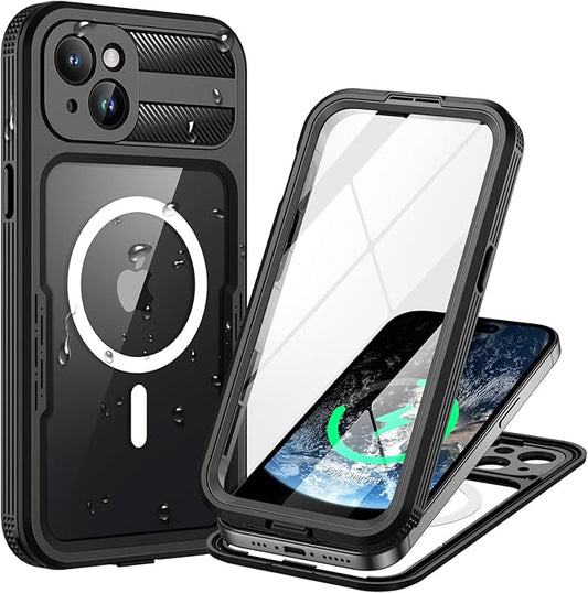Lanhiem Magnetic for iPhone 15 Case, IP68 Waterproof Dustproof Case, [Compatible with Magsafe] [Built-in Screen Protector] Full Body Heavy Duty Rugged Phone Cover 6.1 inch, Black/Clear