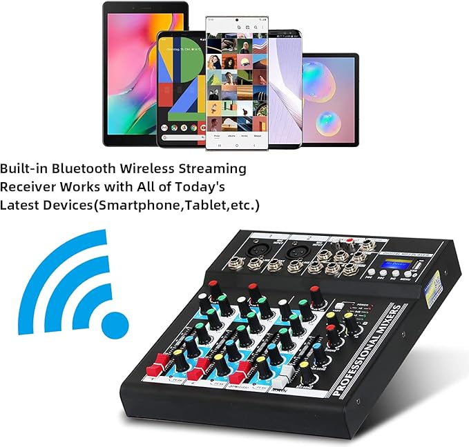 Depusheng HT4 Bluetooth Compatible Professional Portable Digital DJ Console w/USB 4 Channel Mixer Audio Interface-Mixing Boards For Studio Recording, Black