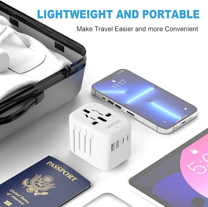 Universal Travel Adapter, PD20W International Power Adapter, 2 USB-C & 2 USB-A Fast Charging Travel Charger, All in One Worldwide Travel Plug Adapter, Outlet Adapter for EU UK USA AU, White