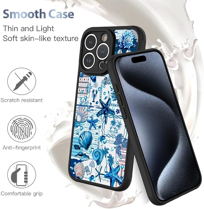 AIGOMARA Magnetic Case for iPhone 15 Pro [Compatible with MagSafe] Blue Shell Starfish Ocean Holiday Collage for Women Girls Men Soft TPU Bumper Hack PC Back Heavy Duty Protective Slim Cover