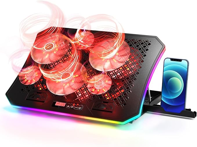 Laptop Cooling Pad, KeiBn RGB Lights Laptop Cooler 6 Fans for 15.6-17.3 Inch Laptops, 7 Height Stands, 10 Modes Light, 2 USB Ports, Desk or Lap Use (A8,Red)