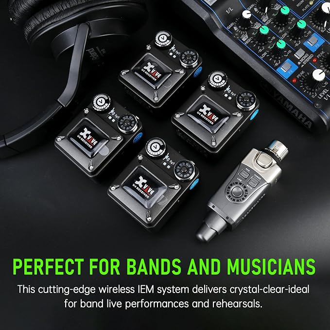 Xvive U4R4 Wireless in-Ear Monitor System Professional IEM System,1 Transmitter and 4 Beltpack Receiver for Studio, Band Rehearsal,Live Performance(U4R4)