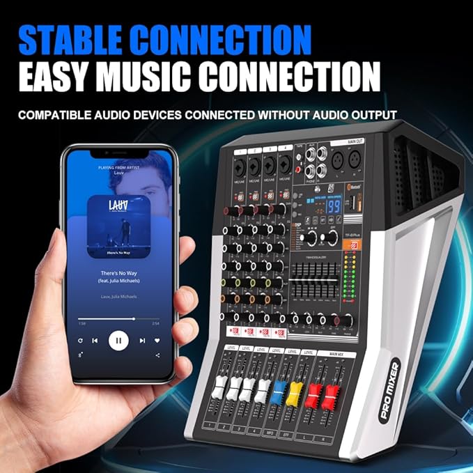 TF400 Dj Mixer 4 Channel Audio Mixer Bluetooth Sound Bar with Power Amplifier 2 * 350W Power Output Powered Mixer USB Audio Interface Sound Mixer with 99 DSP FX Reverb Effects for Streaming Media