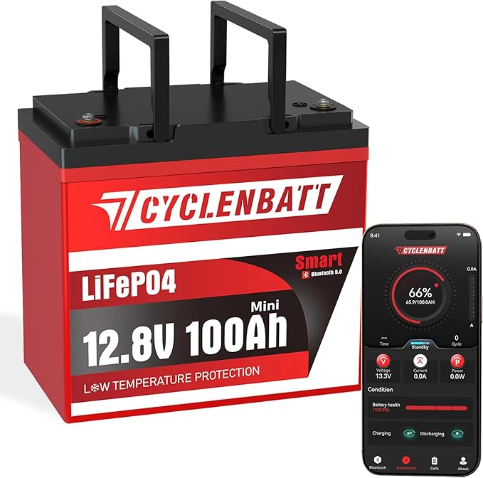 12V 100Ah Mini Bluetooth LiFePO4 Battery, 12 Volt Lithium Battery Bulit in 100A Smart BMS with Low-Temp Protection, 100Ah Lithium Battery Great for Marine, Trolling Motor, RV, Camper, Solar