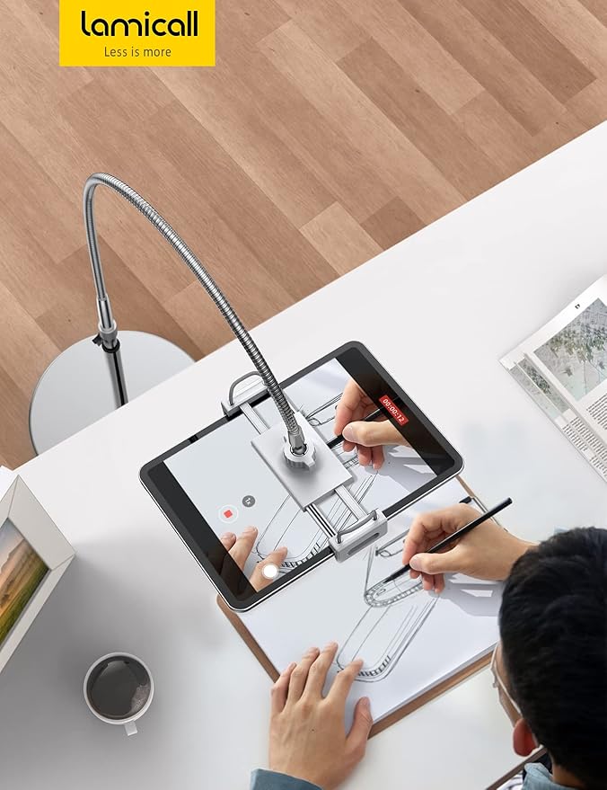 Lamicall Tablet Floor Stand Gooseneck - Swivel Tablet Holder Mount with Adjustable Height & 10.6lb Stable Base, Compatible with iPad Mini Air Pro 12.9/9.7, Tab, Kindle, Surface Pro, Phones (4.7-13")