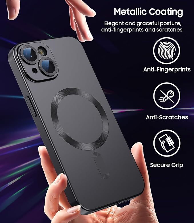 Magnetic for iPhone 14 Plus Case [Compatible with MagSafe][Built-in Camera Lens Protector] Slim Soft Silicone Bumper Shockproof Metallic Luster Phone Case (Black)