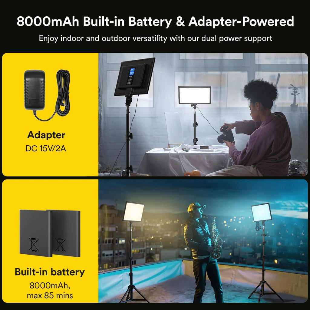 RALENO 13" LED Video Light Panel, 2-Pack Bi Color Photography Lighting Kit with 75" Stand & Phone Holder, Studio Lights with 8000mAh Built-in Battery for Video Recording/Tiktok Live Streaming/Game