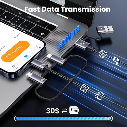 240W Multi Charging Cable, 4ft 6-in-1 USB C Cable Fast Charging Cords with USB-C/A Ports to IP/Type C/Micro Connectors for Pad/Cell Phones/Tablets/Laptop