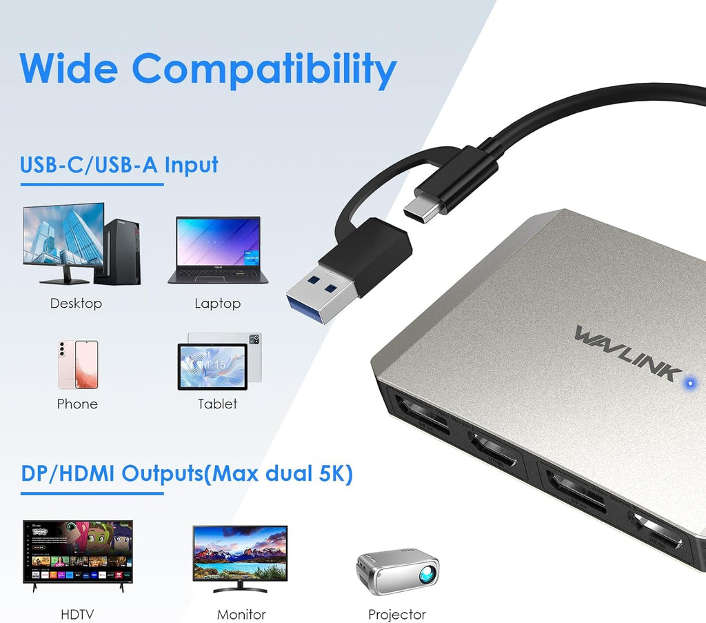 WAVLINK USB C and USB 3.0 to Dual 4K DisplayPort/HDMI Adapter, Displaylink Monitor Splitter Extended Display for Dual Monitor 4K@60Hz, HDMI/DP Splitter Compatible with Mac M1-M4,Window Laptop-Silver